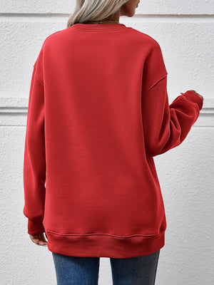 Back view of a red Christmas tree graphic sweatshirt, featuring a relaxed fit and cozy style.