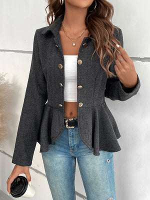 Stylish Ruffle Hem Collared Blazer in gray, paired with a white top and jeans, showcasing a trendy fall look.