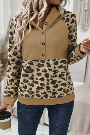 Leopard half button long sleeve hoodie with sheer buttoned design, stylish and slightly stretchy material.