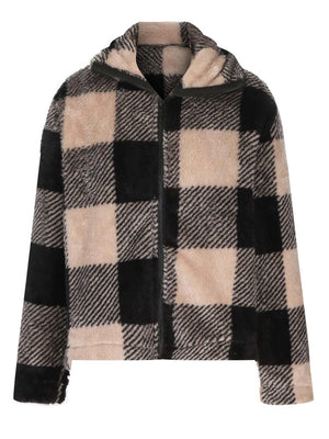 Cozy full size plaid zip up long sleeve jacket in black and beige, perfect for layering and casual outings.