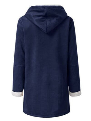Back view of Full Size Pocketed Long Sleeve Hooded Toggle Jacket in navy with soft lining.