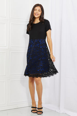 Yelete Full Size Contrasting Lace Midi Dress with short sleeves in black and blue lace overlay for an elegant look.