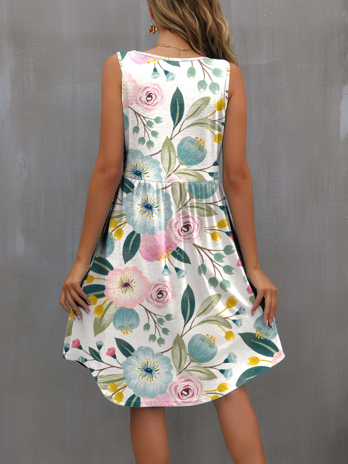 FAM-FAM Round Neck Wide Strap Mini Dress with floral print, showcasing a beautiful back view against a neutral background.