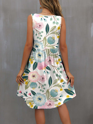 FAM-FAM Round Neck Wide Strap Mini Dress with floral print, showcasing a beautiful back view against a neutral background.