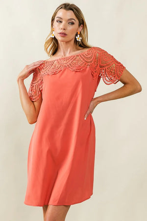 Coral BiBi Crochet Lace Yoke Detailed Dress with stylish wrinkled texture and crochet lace sleeves for a chic look.-Model wearing Empire Wardrobe’s Style Emergency Kit