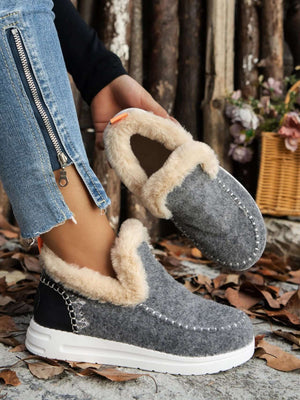 Furry suede round toe flat sneakers with soft fur lining, perfect for cozy style and comfort.
