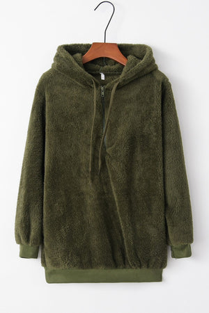 Full size quarter-zip drawstring teddy hoodie in olive green, featuring a soft, fuzzy texture and convenient pockets.