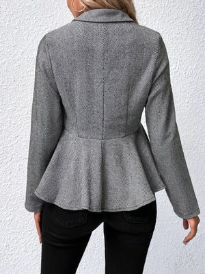 Back view of a stylish ruffle hem collared blazer in houndstooth pattern, perfect for chic outfits.
