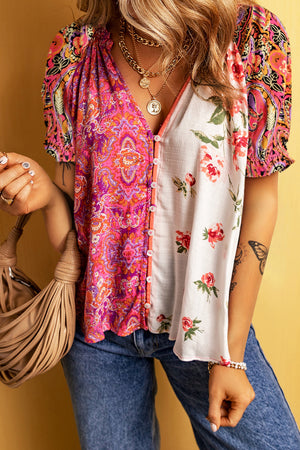 Printed V-Neck Short Sleeve Blouse with floral and paisley patterns, casual style perfect for summer outfits.