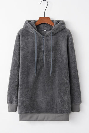 Full size gray quarter-zip drawstring teddy hoodie with pocket, made of soft polyester.