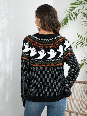 Black cardigan with ghost design on the back, featuring a festive pattern, perfect for Halloween celebrations.