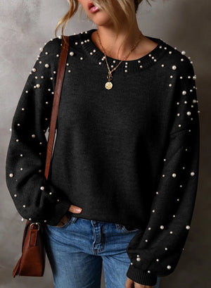 Black pearl detail round neck long sleeve sweater, slightly stretchy, perfect for casual outfits.