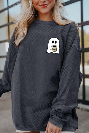 Woman wearing a Ghost Graphic Drop Shoulder Sweatshirt in gray with a playful ghost print on the chest.