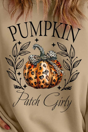 Plus size sweatshirt featuring a trendy pumpkin graphic with leopard print and bow, perfect for fall fashion.
