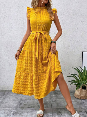 Tied ruffled cap sleeve midi dress in vibrant yellow, featuring a flowy design and belt, perfect for summer outings.