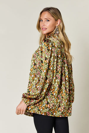 Double Take Full Size Printed Long Sleeve Blouse in floral design with frill sheer sleeves, perfect for stylish outfits.