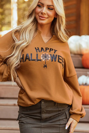Happy Halloween long sleeve sweatshirt in caramel color with sequin spider web design, perfect for festive fall styles.