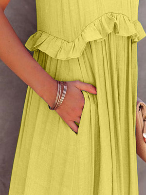 Close-up of ruffled sleeveless maxi dress pocket, showcasing vibrant lime color and elegant detailing.
