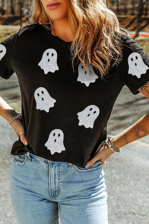 Glitter Ghost Round Neck Short Sleeve T-Shirt with spooky ghost prints, perfect for Halloween or casual wear.