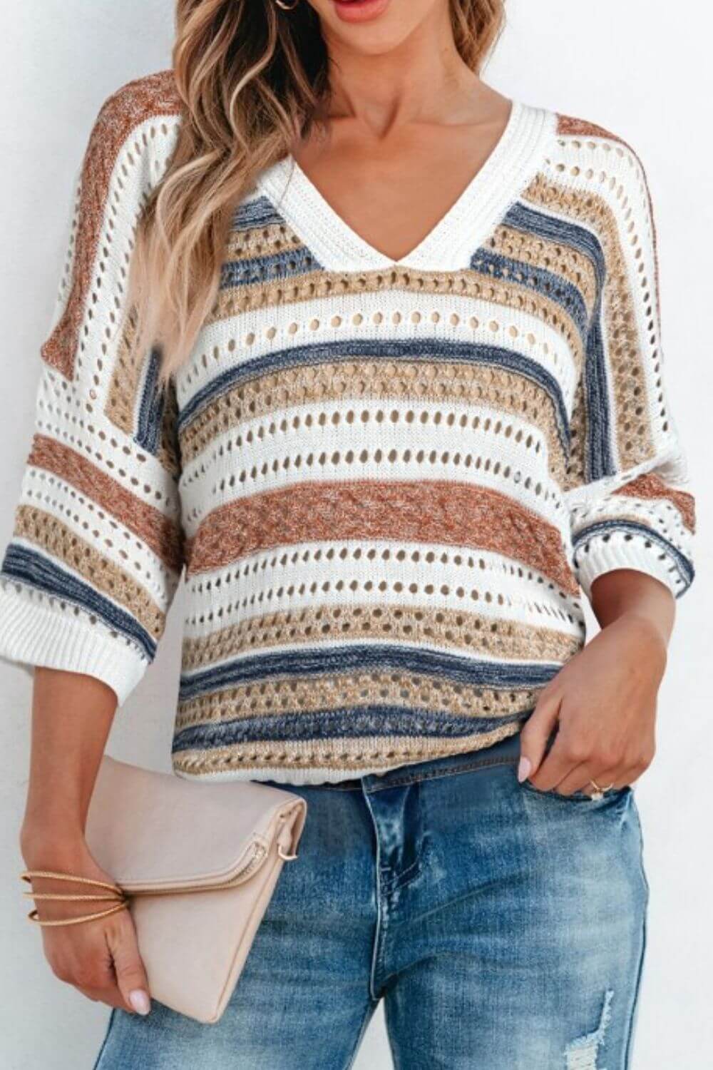 Striped hollow out half sleeve knit top in cozy colors, perfect for casual outings. Stylish v-neck design and openwork stretch fabric.
