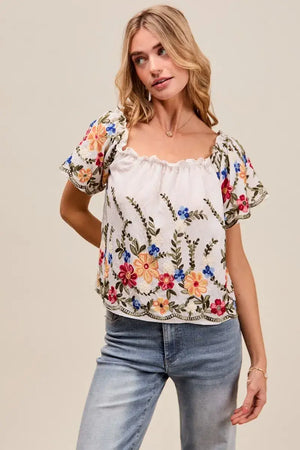 Floral embroidered off the shoulder blouse featuring ruffled sleeves and a feminine design, styled casually with jeans.