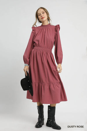 Umgee dusty rose midi dress featuring ruffle shoulders and tiered skirt, perfect for elegant occasions.