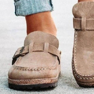 Round toe low heel buckle loafers in beige, featuring a comfortable design and casual style.