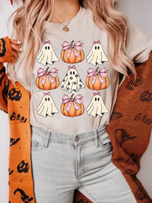 Halloween graphic T-shirt featuring playful ghosts and pumpkins with bows, perfect for festive fall style.
