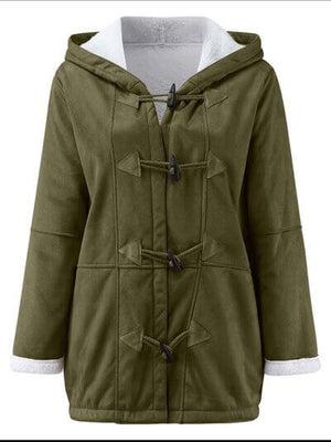 Full-size long sleeve hooded toggle jacket in olive green with buttoned pockets and warm design.