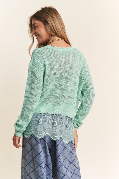 J.NNA lace detail long sleeve knit top in mint green, showcasing elegant lace accents for a stylish layered look.