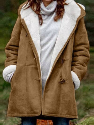 Full size pocketed long sleeve hooded toggle jacket in warm brown, featuring a cozy fur lining and stylish buttons.