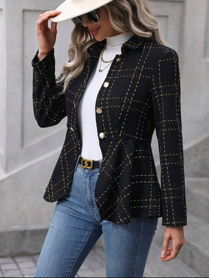 Ruffle hem collared blazer in black with gold plaid, paired with a white turtleneck and blue jeans, stylish outdoor look.