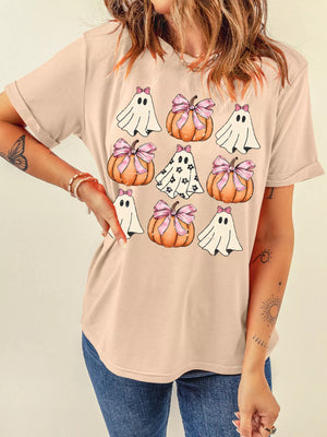 Halloween Bowknot Ghost Pumpkin Graphic T-Shirt, featuring cute ghost and pumpkin designs, perfect for fall festivities.