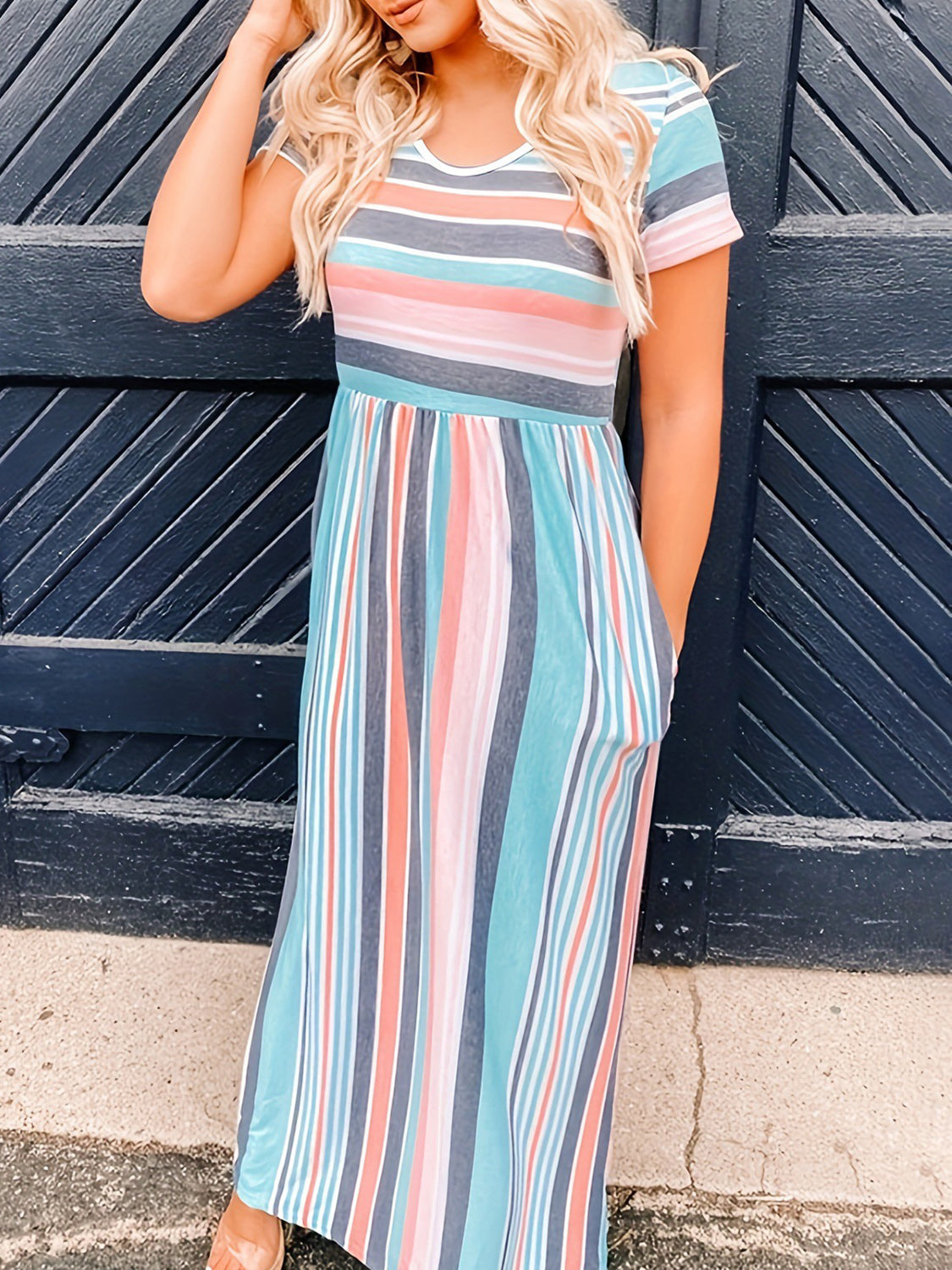 Full size striped round neck short sleeve dress, featuring a mix of teal, peach, and gray colors, with pockets.