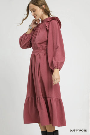 Umgee Textured Midi Dress in Dusty Rose with Ruffle Shoulder Detail, chic and elegant for any occasion.