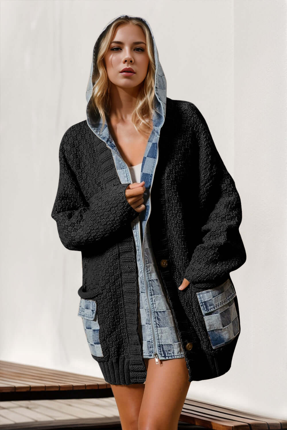 Stylish woman wearing a hooded denim spliced sweater cardigan with pockets, perfect for casual outings.