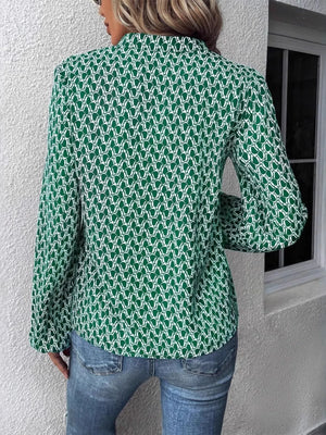 Back view of a Printed Notched Long Sleeve Blouse in green and white pattern, perfect for casual wear.