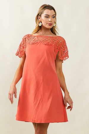 Elegant coral BiBi Crochet Lace Yoke Detailed Dress with intricate crochet lace sleeves for a chic, bohemian-inspired style.