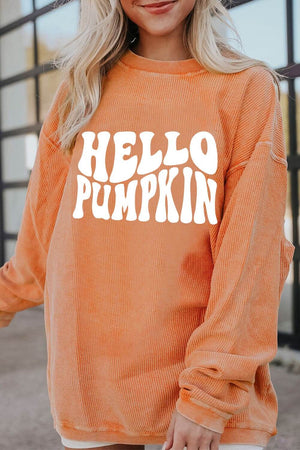 Hello Pumpkin graphic sweatshirt in orange, casual style with round neck and long sleeves, perfect for fall fashion.