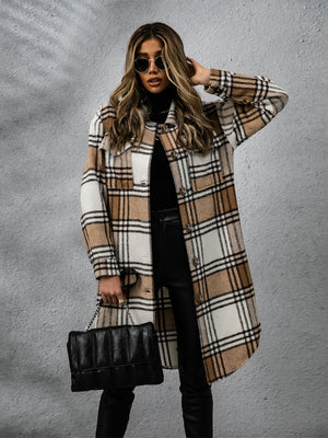 Chic plaid collared long sleeve coat in neutral tones, perfect for layering and stylish outfits during colder months.