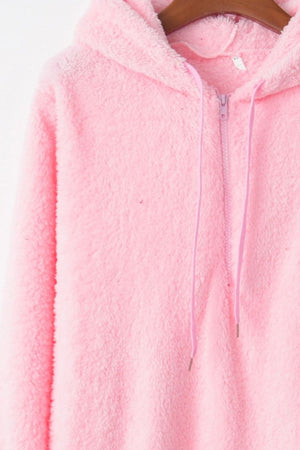 Pink quarter-zip drawstring teddy hoodie, soft and cozy with a plush texture and adjustable hood.