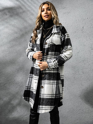 Stylish plaid collared long sleeve coat with button-up front and pockets, perfect for chilly weather layering.
