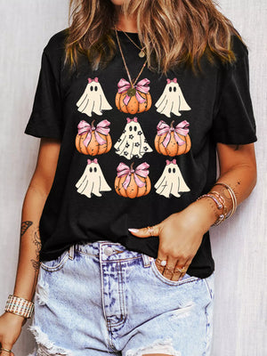 Halloween Bowknot Ghost Pumpkin Graphic T Shirt featuring playful designs in a black tee.