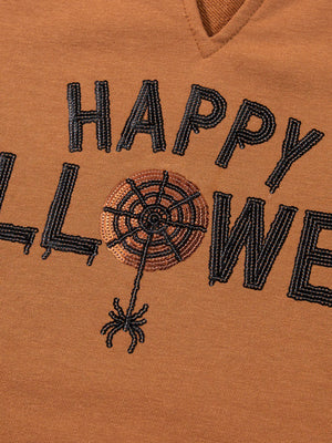 Happy Halloween graphic design featuring a spider web and spider on a brown notched long sleeve top.