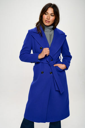 Coalition LA double-breasted longline coat in blue with belt, stylish outerwear for a flattering silhouette.
