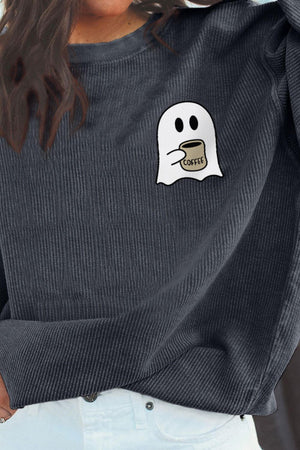 Ghost graphic drop shoulder sweatshirt with coffee cup design, stylish and cozy for casual wear.