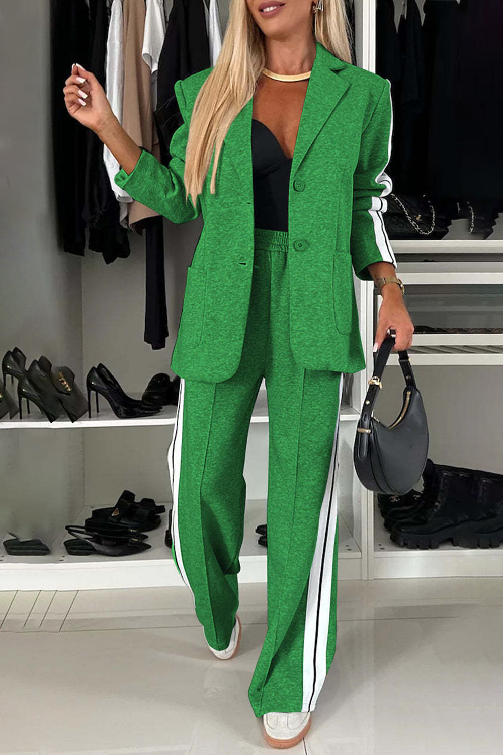 Full size green contrast lapel collar top and pants set, featuring a stylish blazer and pants with side stripes.