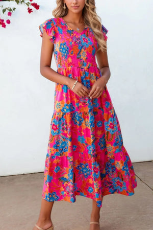 Boho floral V-neck ruffle tiered dress in vibrant colors, perfect for summer outings and casual wear.