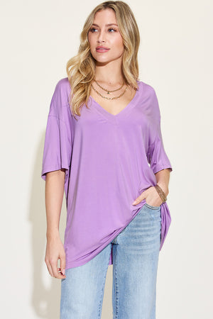 Basic Bae Full Size Bamboo V-Neck Drop Shoulder T-Shirt in lavender, featuring a relaxed fit and casual style.