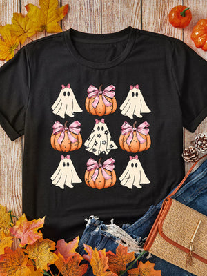 Halloween graphic t-shirt featuring ghosts and bowknot pumpkins, perfect for festive fall celebrations.